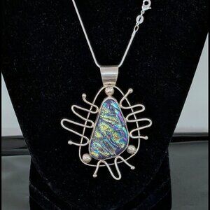 WOW Yellow, Purple & Green ART DECO Dichroic Glass 925 Sterling Silver Pendant